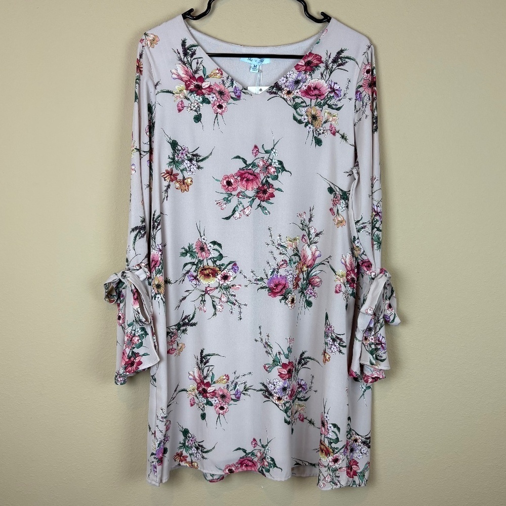 NWT She + Sky Light Lavendar/Taupe w/ Pink Floral Accents Long Sleeve Midi Dress